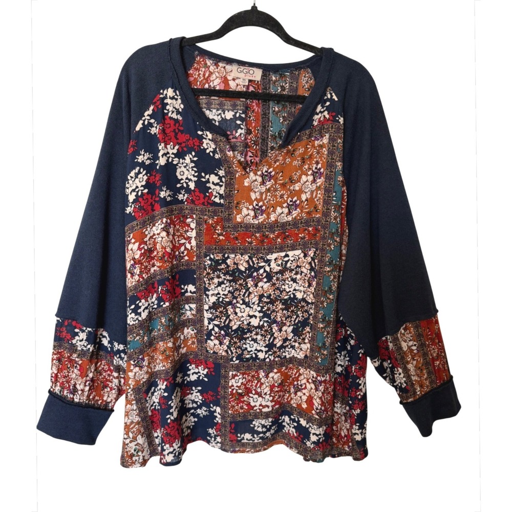 GiGio Plus 1XL Floral Patchwork‎ Mixed Media Raglan Top Navy Blue Boho Relaxed